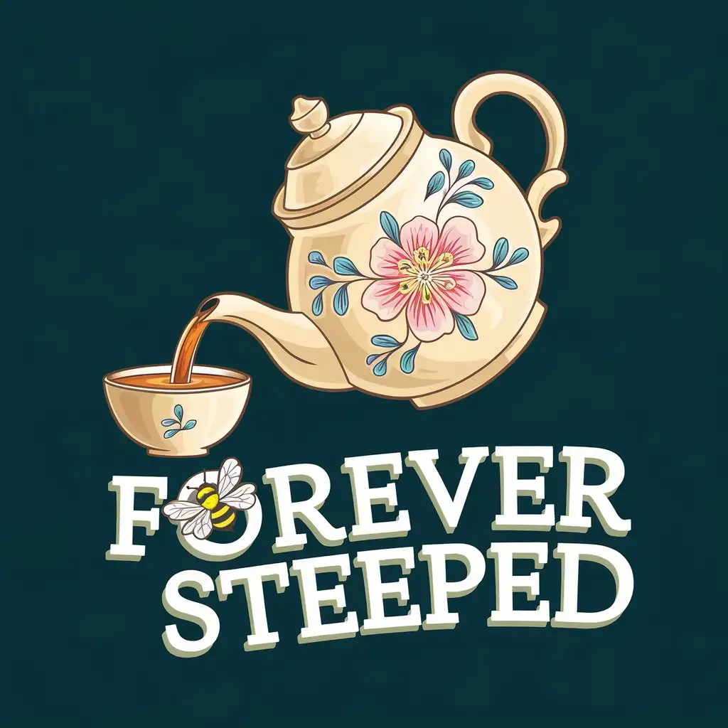 Forever Steeped Tea Shop Logo Floral Tea Pot and Bee in Turquoise and Gold