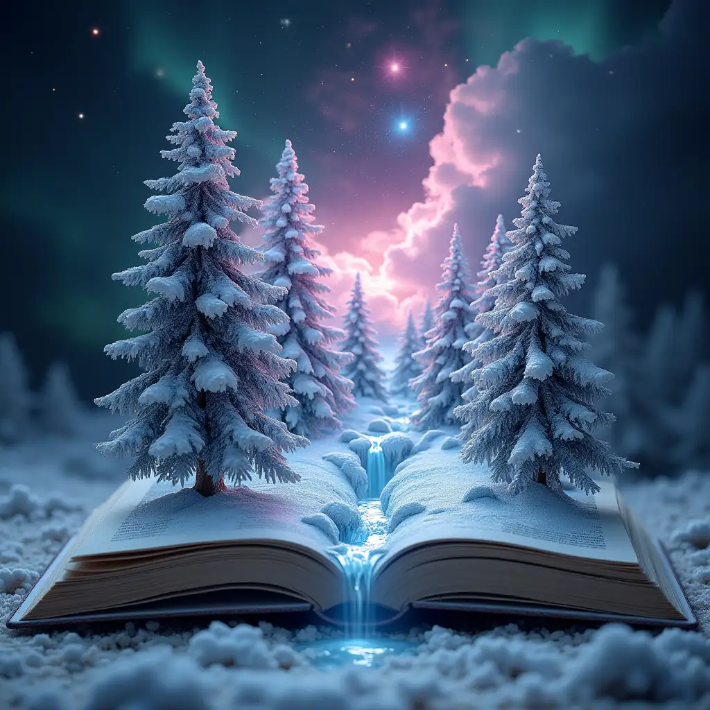 microcosm inside the book. 3D projections come to life on the pages. a magical snowy forest grows on the pages of an open book, purple-green fractals of the sky, galaxies, stars. fractal white-pink clouds. a frozen waterfall falls from the pages of the book. magic inside the book magic photoshop, microfantasy, dream