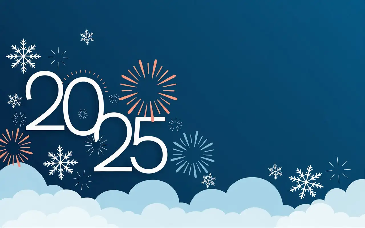 Elegant Blank Banner with new year's thematic, no text, 2025 written on the left with Snowflakes and paint fireworks