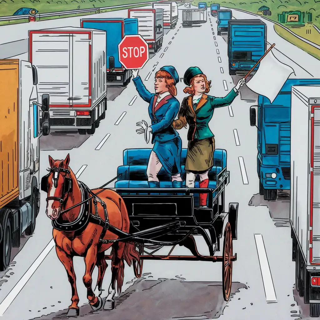 I don't know for sure what's going on with the horses, but Oksana and Olga are easily stopping the trucks on the highway. Colorful, clear, and detailed illustration in a humorous style, with sharp contours and many details. Humor. Surrealism