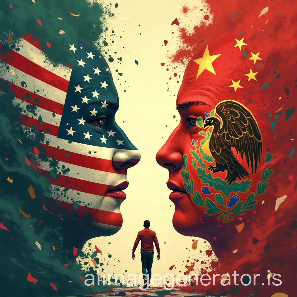 Create a cover image for a paper titled 'The Impact of USMCA on Mexico: Between American Protectionism and the Trade War of Beijing and Washington.' The image should feature a stylized representation of Mexico caught between two powerful forces: One side representing the United States (depicted with a symbolic image of protectionism, like a shield or a wall with the US flag colors), and the other side representing the trade war between Beijing and Washington (depicted with a chaotic clash of red and gold, the colors of China, and stars and stripes, the colors of the US). Mexico should be represented by a smaller, central figure (perhaps an eagle or a pre-Hispanic symbol) trying to maintain balance amidst the conflict. Style: Abstract, graphic illustration, strong contrasts