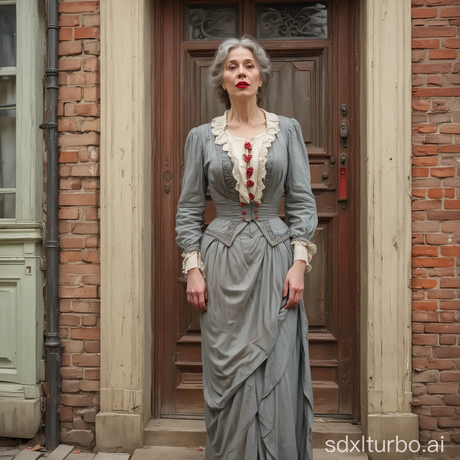 Victorian-Era-Woman-Standing-by-Old-Building-in-Art-Nouveau-Style