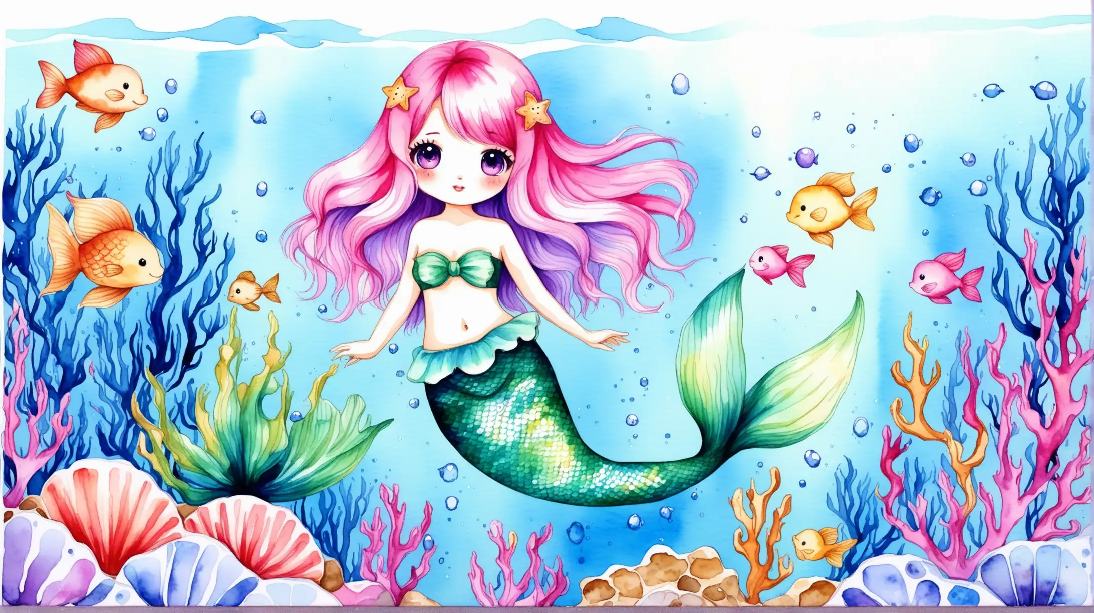 Kawaii Mermaid Swimming in Watercolor Underwater Scene