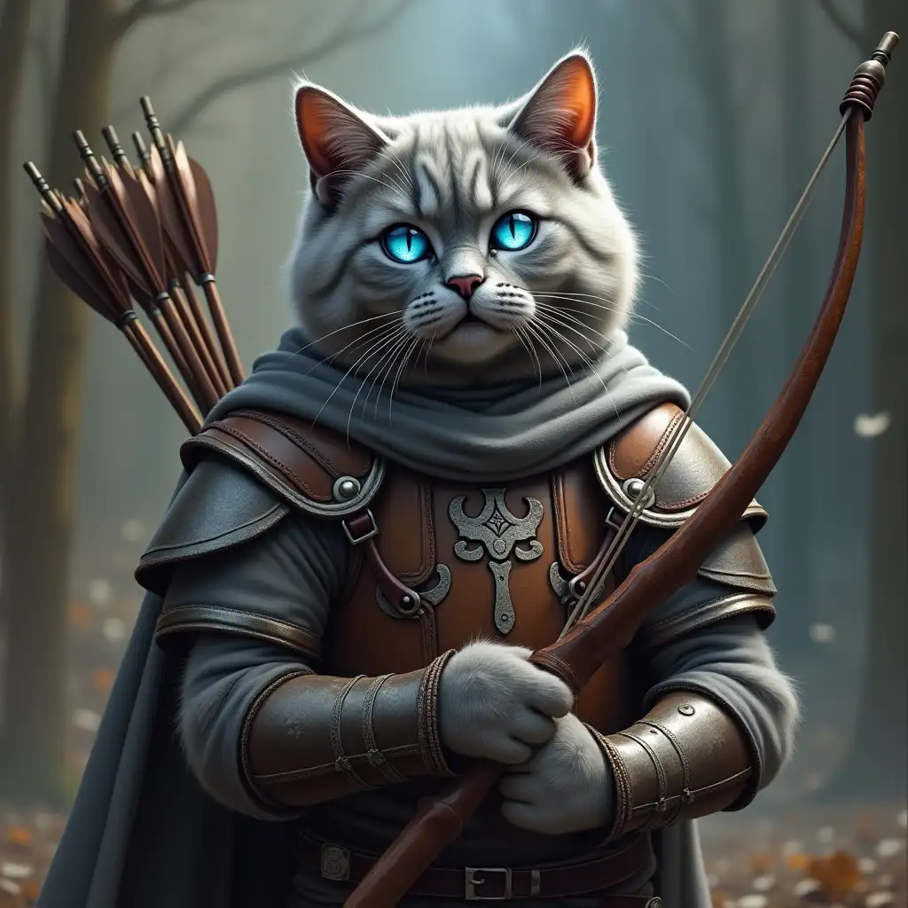 Gray British cat, with blue eyes, wearing leather armor, with one bow for shooting in hands, with a quiver of arrows on the back, in a fantasy setting, full size