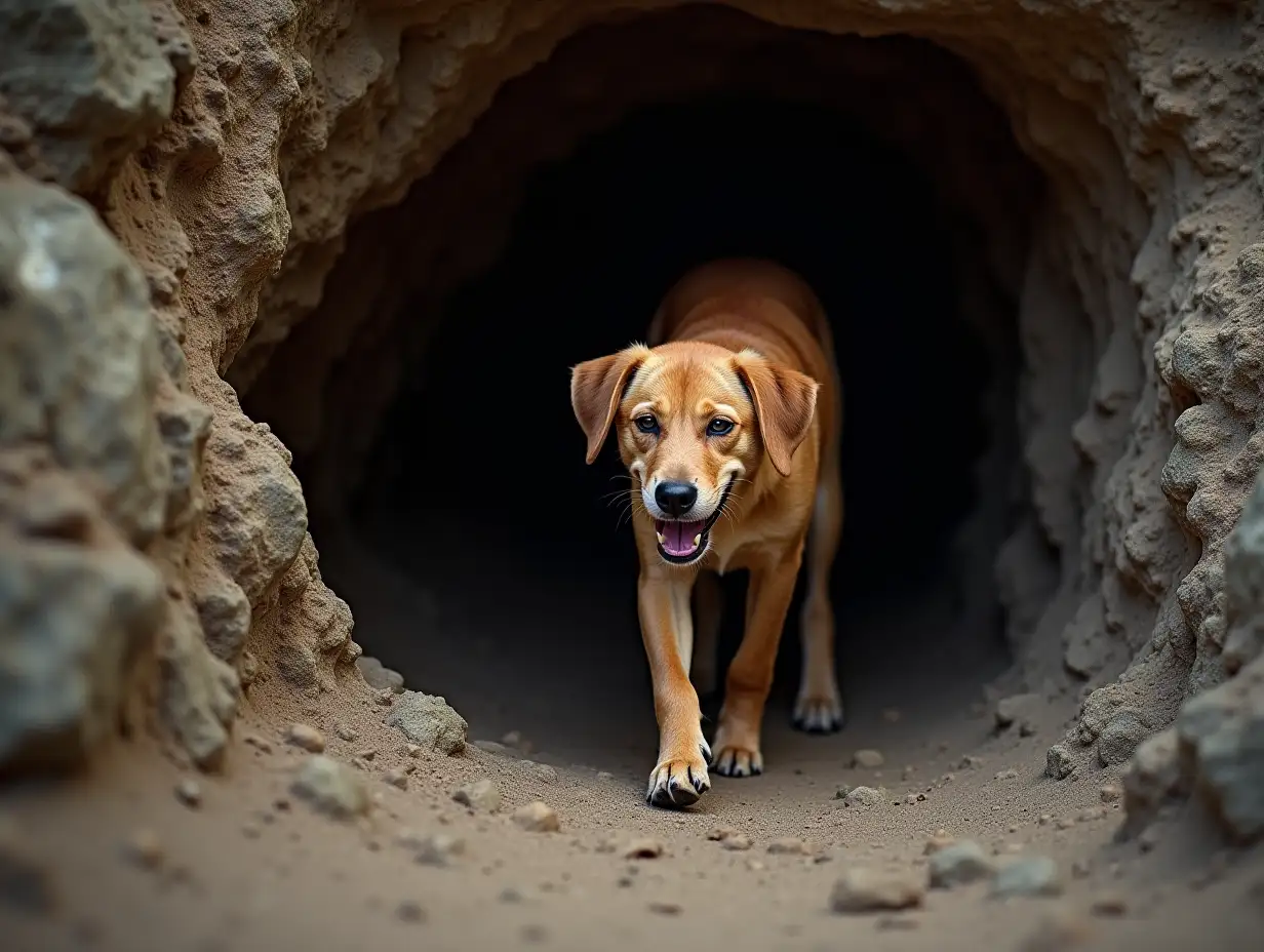 Curious-Dog-Emerging-from-a-Mysterious-Cave