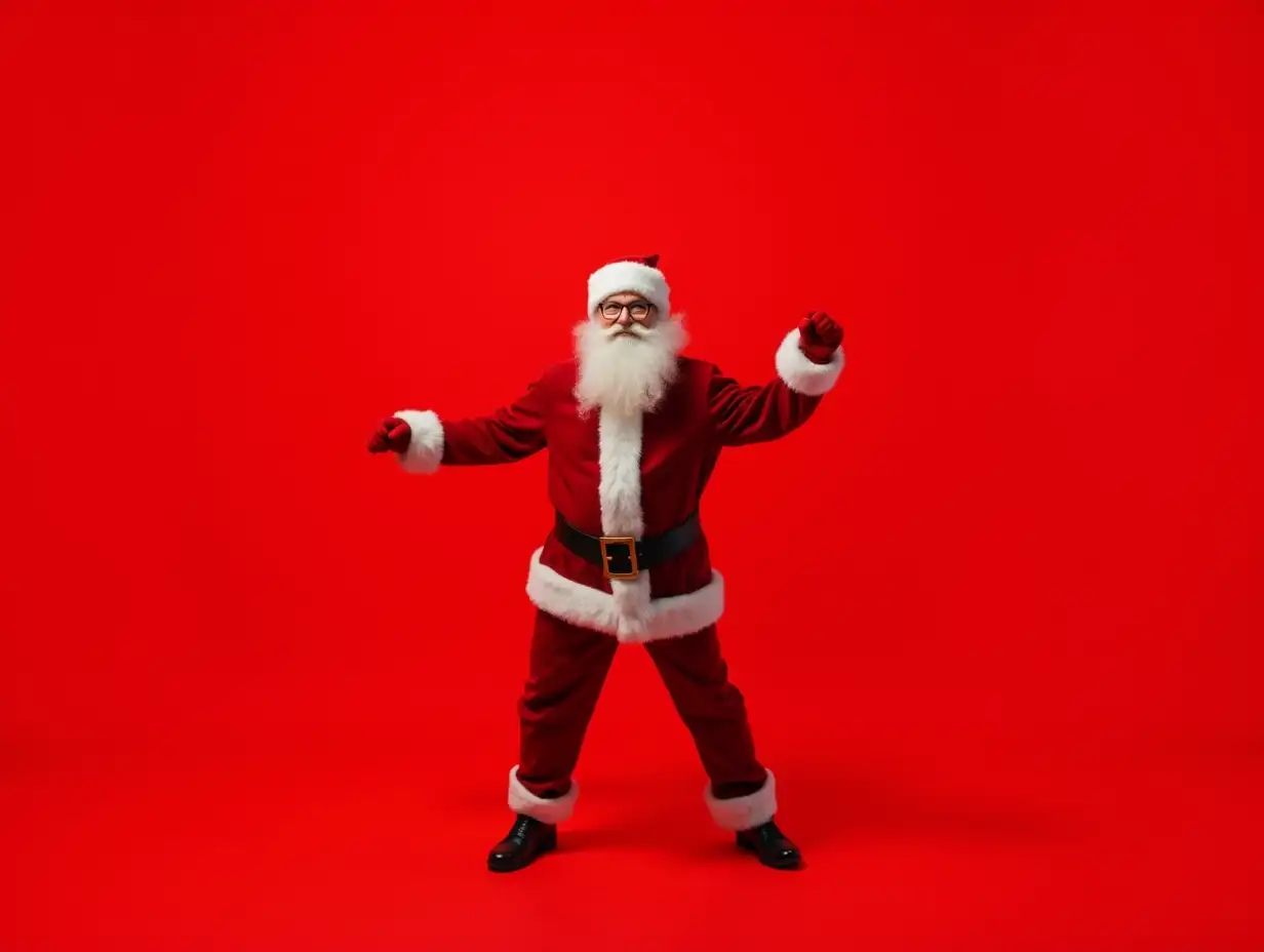 Full length photo of handsome good mood santa claus wear suit dancing enjoying xmas empty space isolated red color background