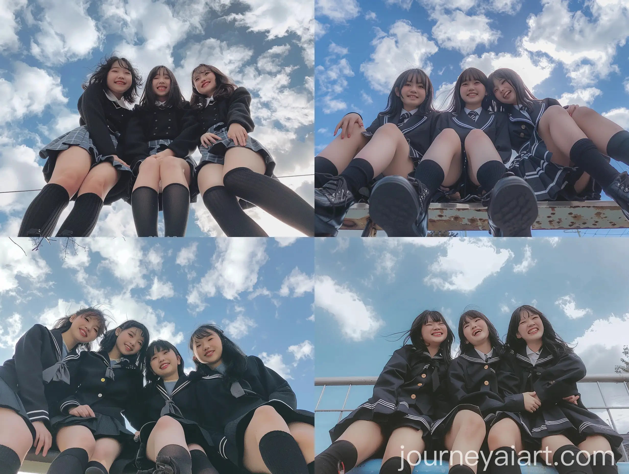 Three-Girls-in-Black-School-Uniforms-Sitting-in-Sky-Smiling-Naturally