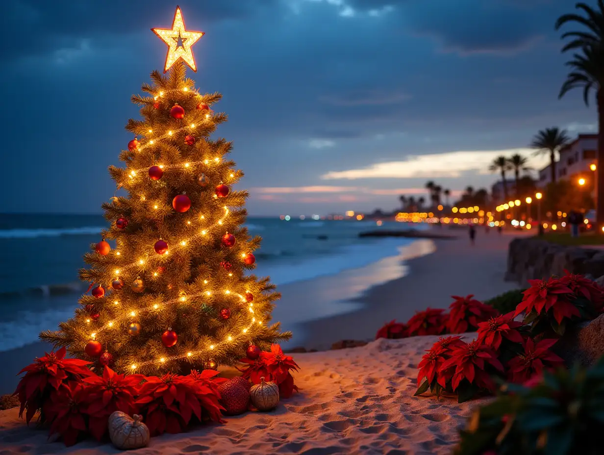 Imagine a vibrant New Year’s Eve setting on a beautiful Spanish beach. The scene is a delightful blend of festive and coastal ambiance. In the foreground, an elegant Christmas tree stands proudly on the sandy beach, adorned with twinkling lights, colorful baubles, and glistening tinsel that catch the soft evening twilight. Around the tree, several New Year’s plants, such as poinsettias and holly, add pops of red and green, enhancing the holiday spirit...