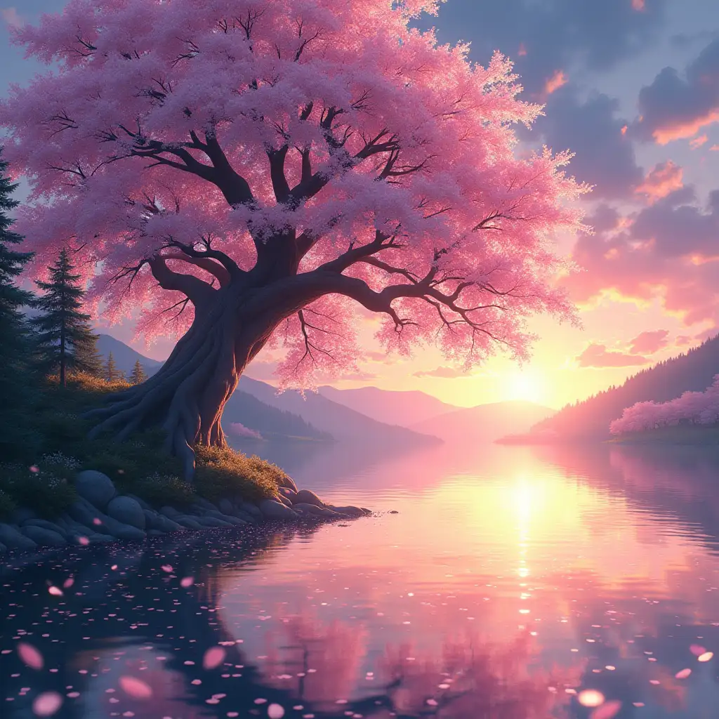 Tranquil-Lakeside-at-Sunset-with-Cherry-Blossom-Tree-and-Floating-Petals