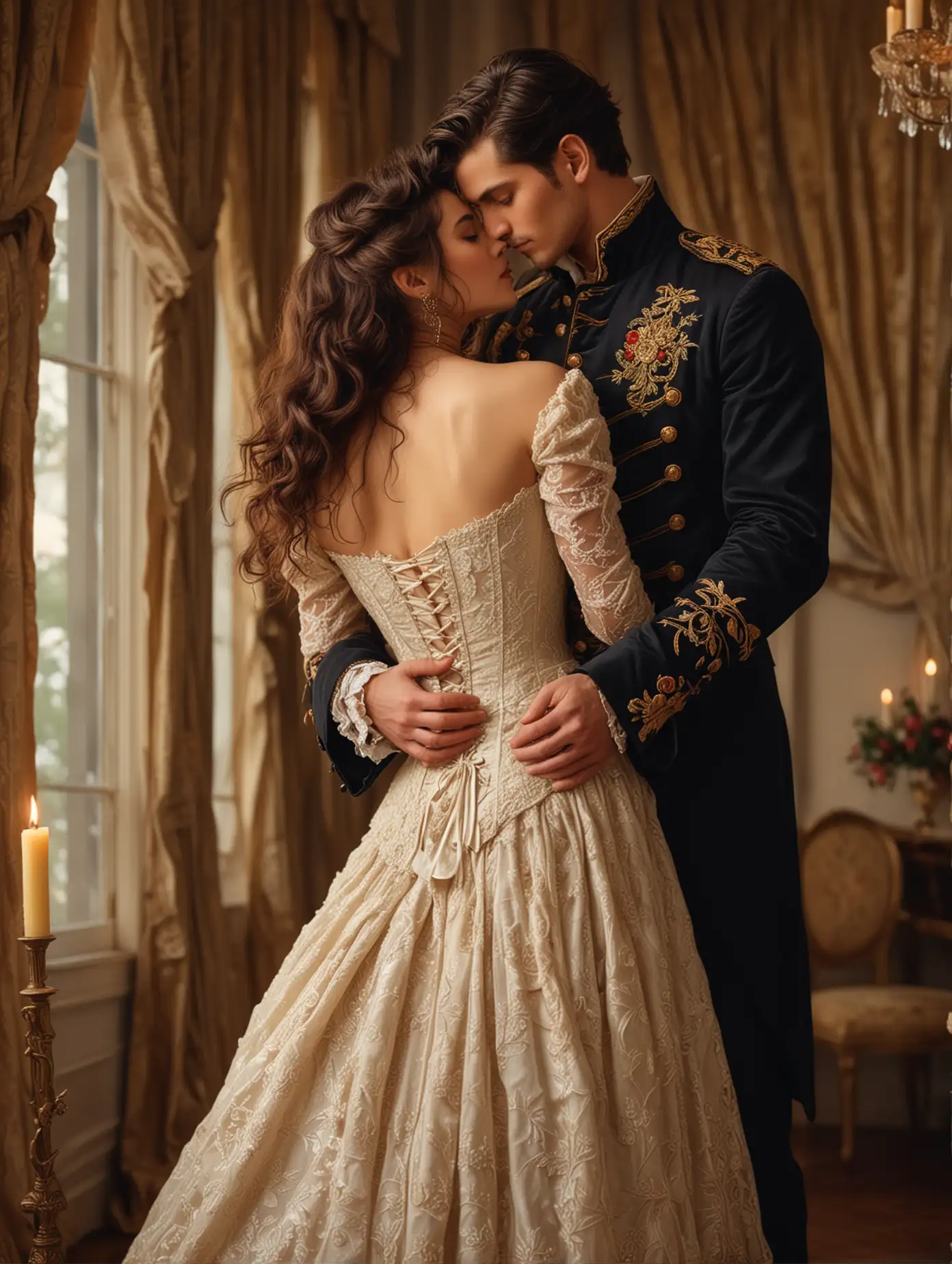 A romantic book cover illustration featuring a couple in an elegant ballroom setting. The woman has long wavy dark hair and is wearing a vintage lace corset dress with floral embroidery. The man, with short dark hair, wears an ornate military-style jacket with intricate gold detailing. They are in a close, intimate pose, standing upright, with the woman looking slightly upward and the man gently leaning towards her. The background includes a large window with warm, soft lighting, casting a golden glow. Candles and drapes add to the romantic atmosphere.