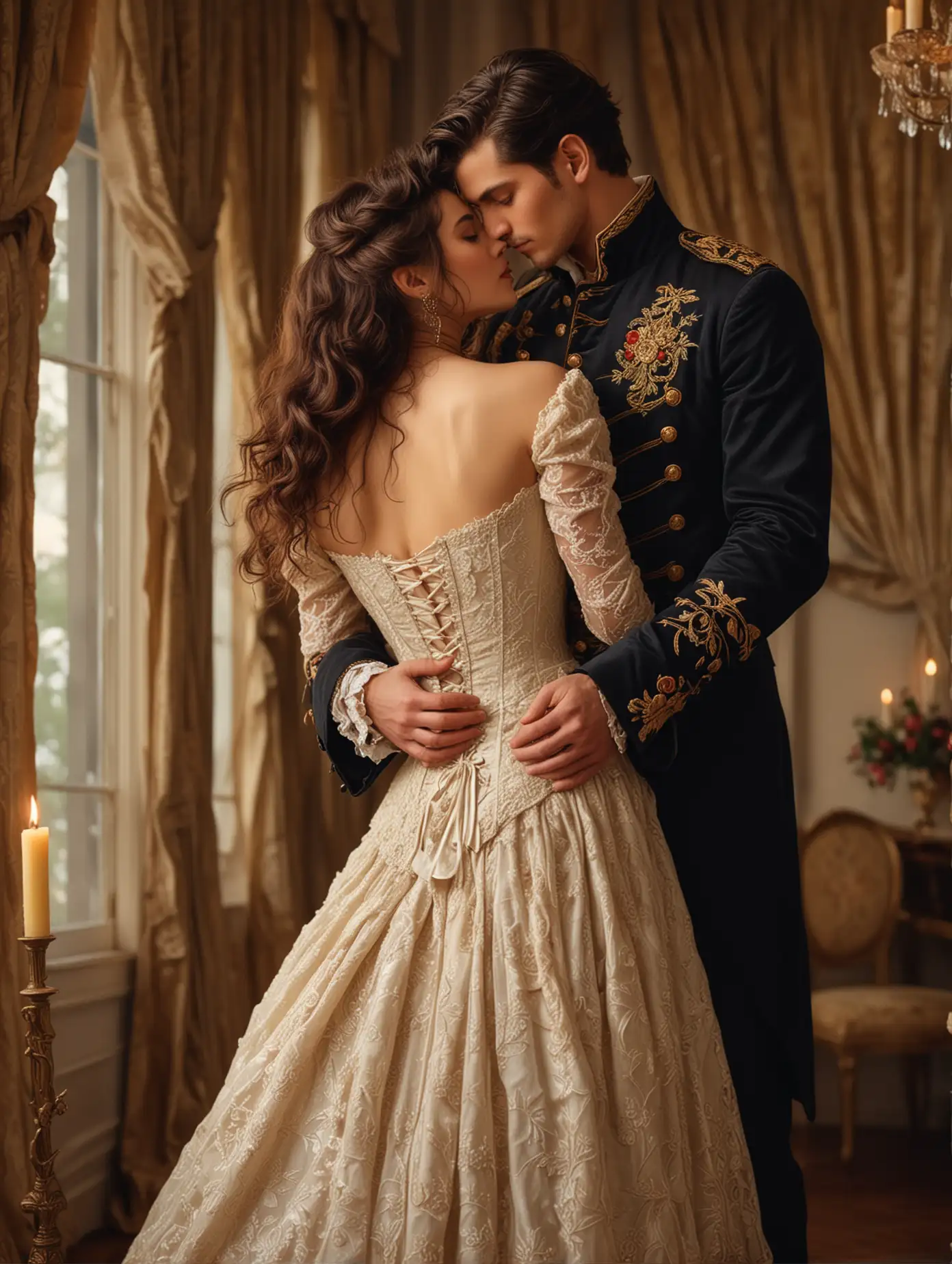 A romantic book cover illustration featuring a couple in an elegant ballroom setting. The woman has long wavy dark hair and is wearing a vintage lace corset dress with floral embroidery. The man, with short dark hair, wears an ornate military-style jacket with intricate gold detailing. They are in a close, intimate pose, standing upright, with the woman looking slightly upward and the man gently leaning towards her. The background includes a large window with warm, soft lighting, casting a golden glow. Candles and drapes add to the romantic atmosphere. 