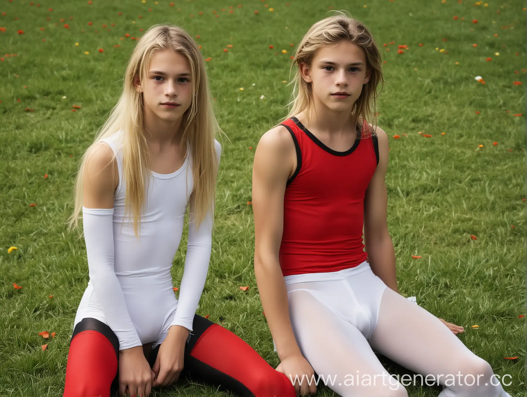 Two-16YearOld-French-Boys-in-Leotards-and-Pantyhose-Sitting-on-Grass