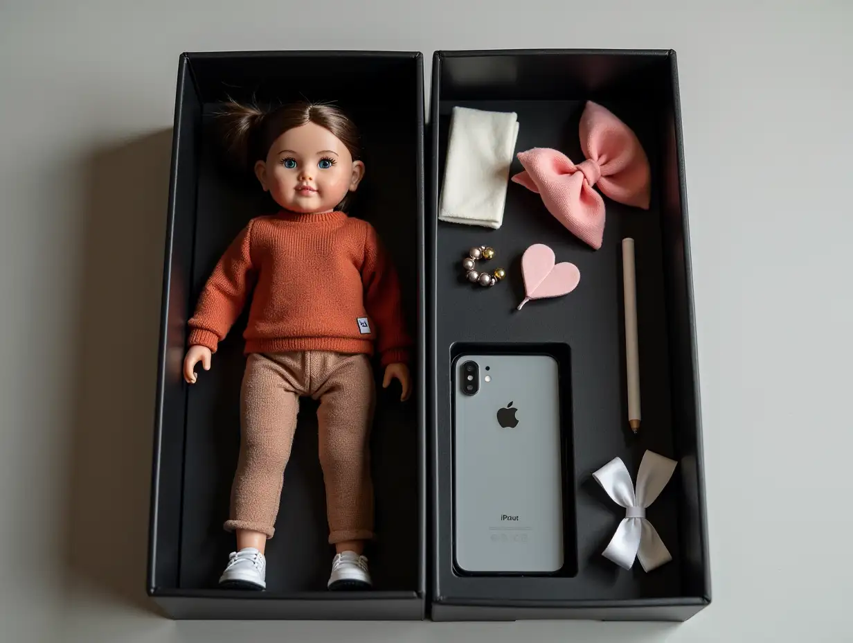 user_prompt: Create an action figure based on my photos. The full-sized doll is located inside a [black] box on the left side. Completely copy the appearance and every detail of the clothing from the photo. Replicate facial features, lip shape, eyes, hairstyle, and proportions. Accessories are located to the right of the toy: iPhone, iPad, white bow, Apple Pencil. On the top part of the box - [ KSENIA ]nFigure like Barbie.nInspired by vintage toys in a modern style.nVertical image 9:16.nPlease depict this as realistically as possible.