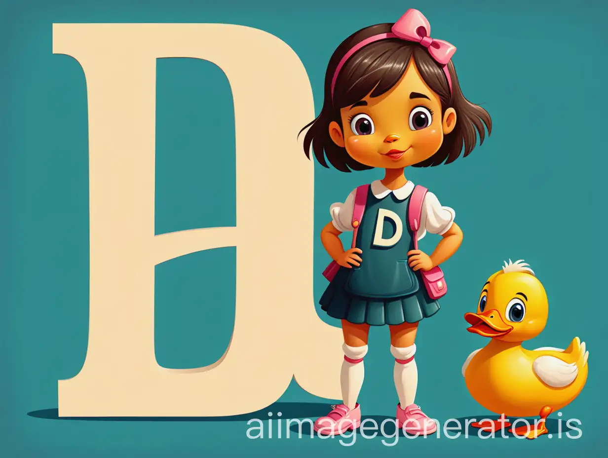 cartoon style a little girl standing with letter D and a duck