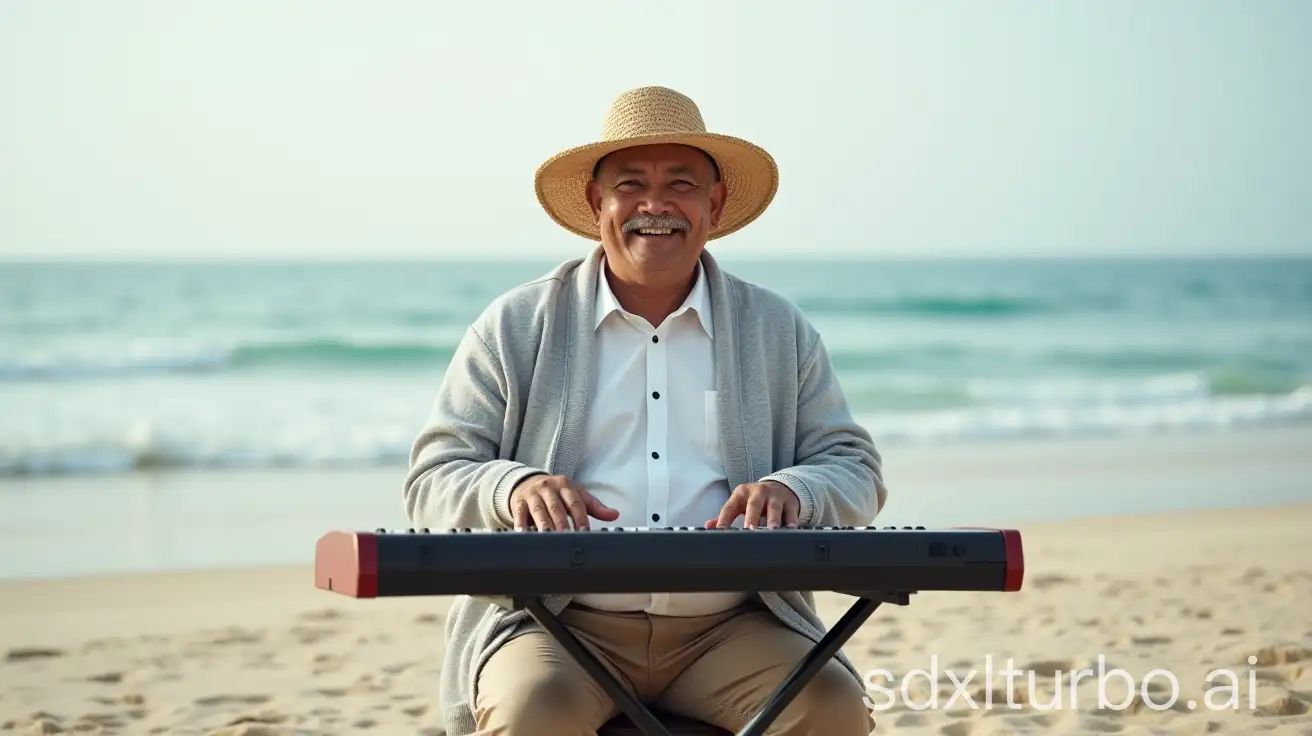 Joyful-Indonesian-Musician-Playing-Keyboard-on-the-Beach