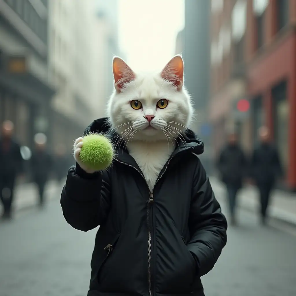 A white male cat, standing in the middle of the city like a human, wearing a black jacket and holding a green fuzzy ball in its paw.