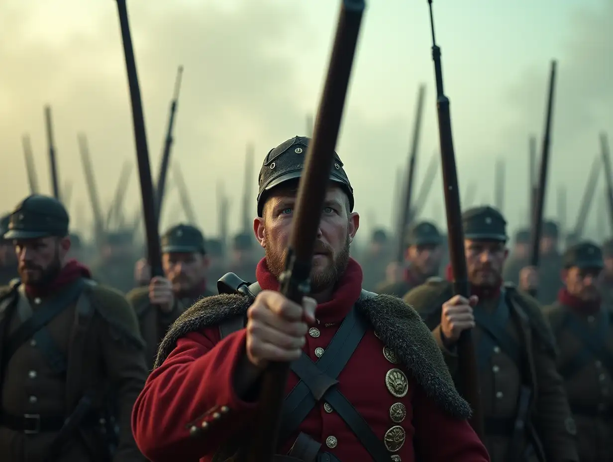 Warriors raise their firearms above the smoky battlefield, their faces full of pride and defiance. Imperial Russia. Cinematic style