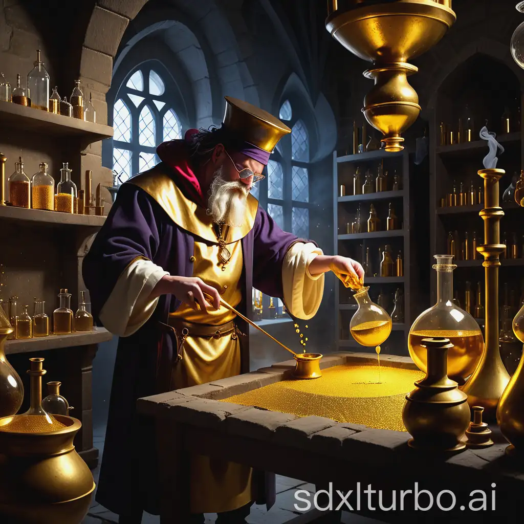 alchemist in castle laboratory making gold