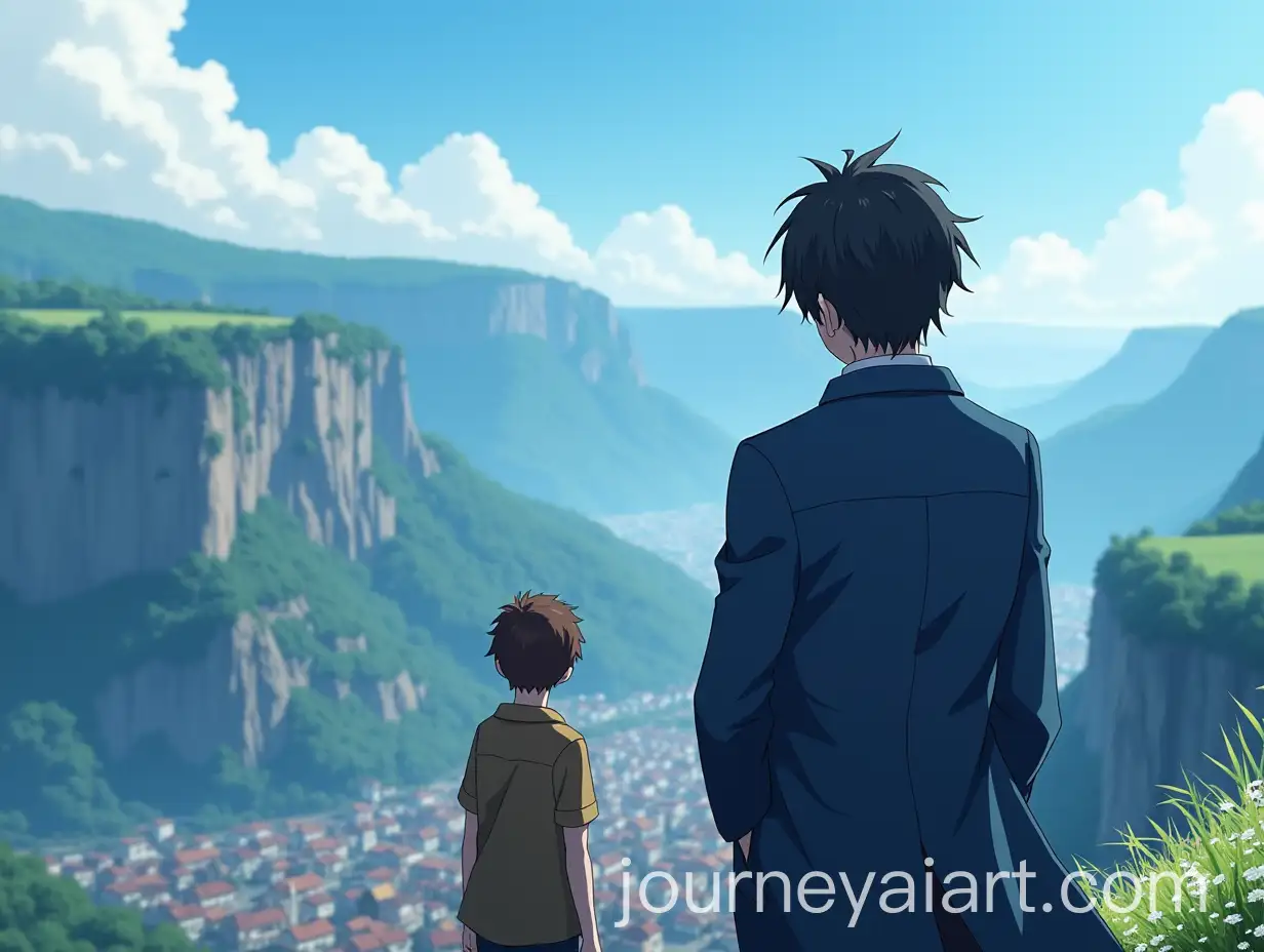 Teen-Boys-on-Mountain-Cliff-Overlooking-Town-in-Anime-Style