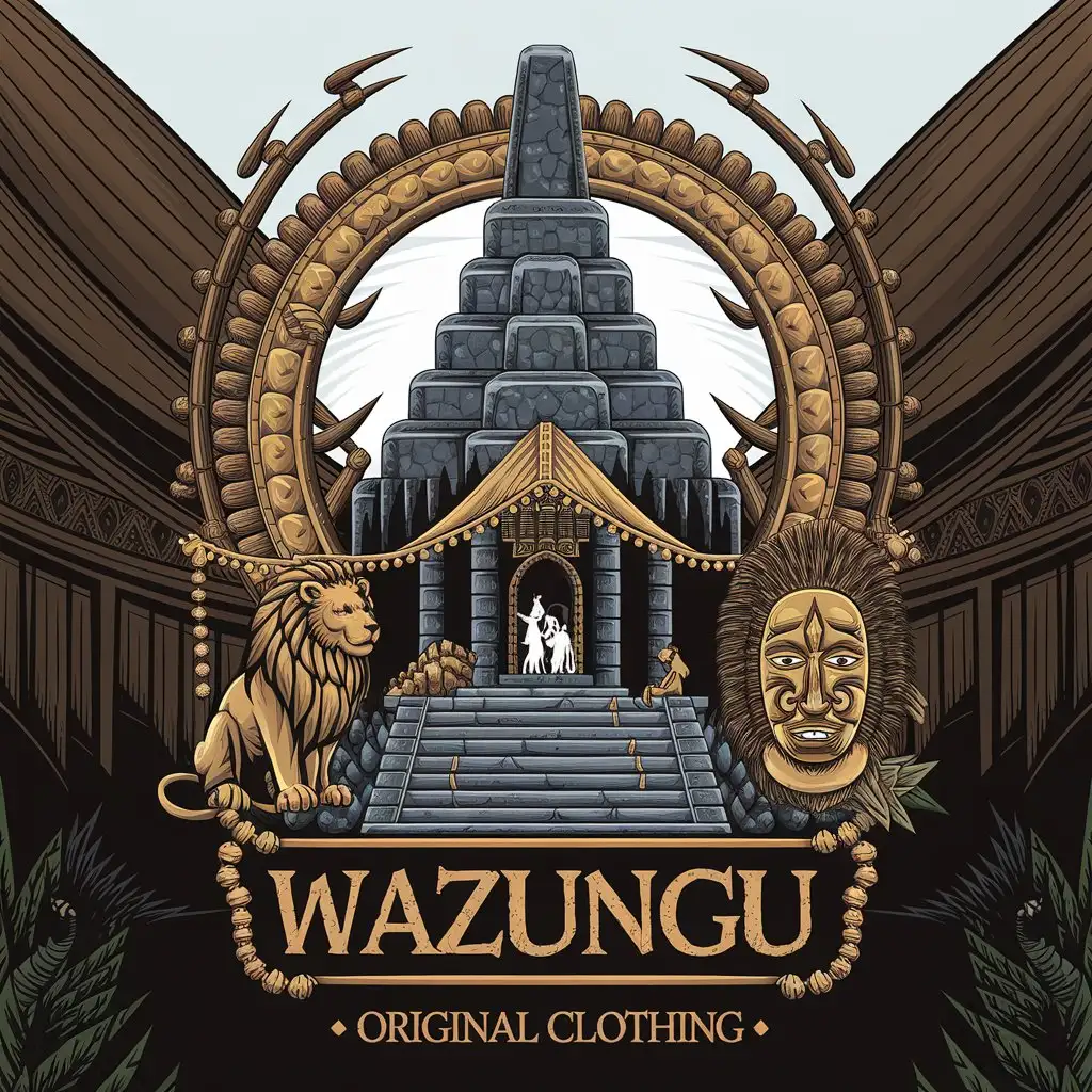 LOGO Design for WAZUNGU ORIGINAL CLOTHING Dark Spiritual Temple with Lion and African Mask Elements