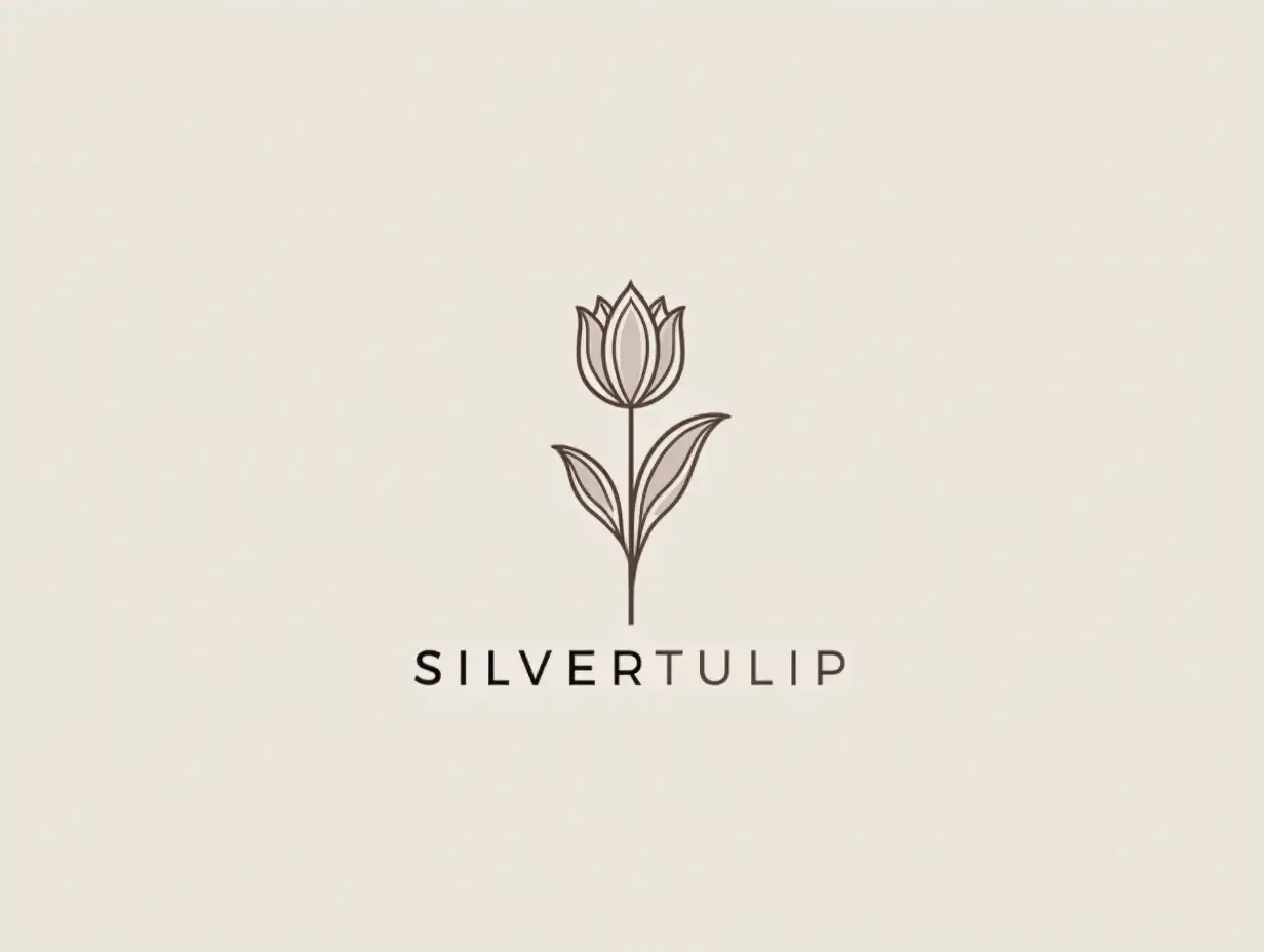 Luxury tulips production logo for "Silver Tulip" (ST). Minimalist & clean. Create a sophisticated monogram using initials "ST" (or SLVR). Integrate a subtle, luxurious symbol within monogram or as standalone. Chic, minimalist wordmark for brand name. Propose luxurious colour palette (monochromatic/neutral preferred). High-end, timeless, elegant style.