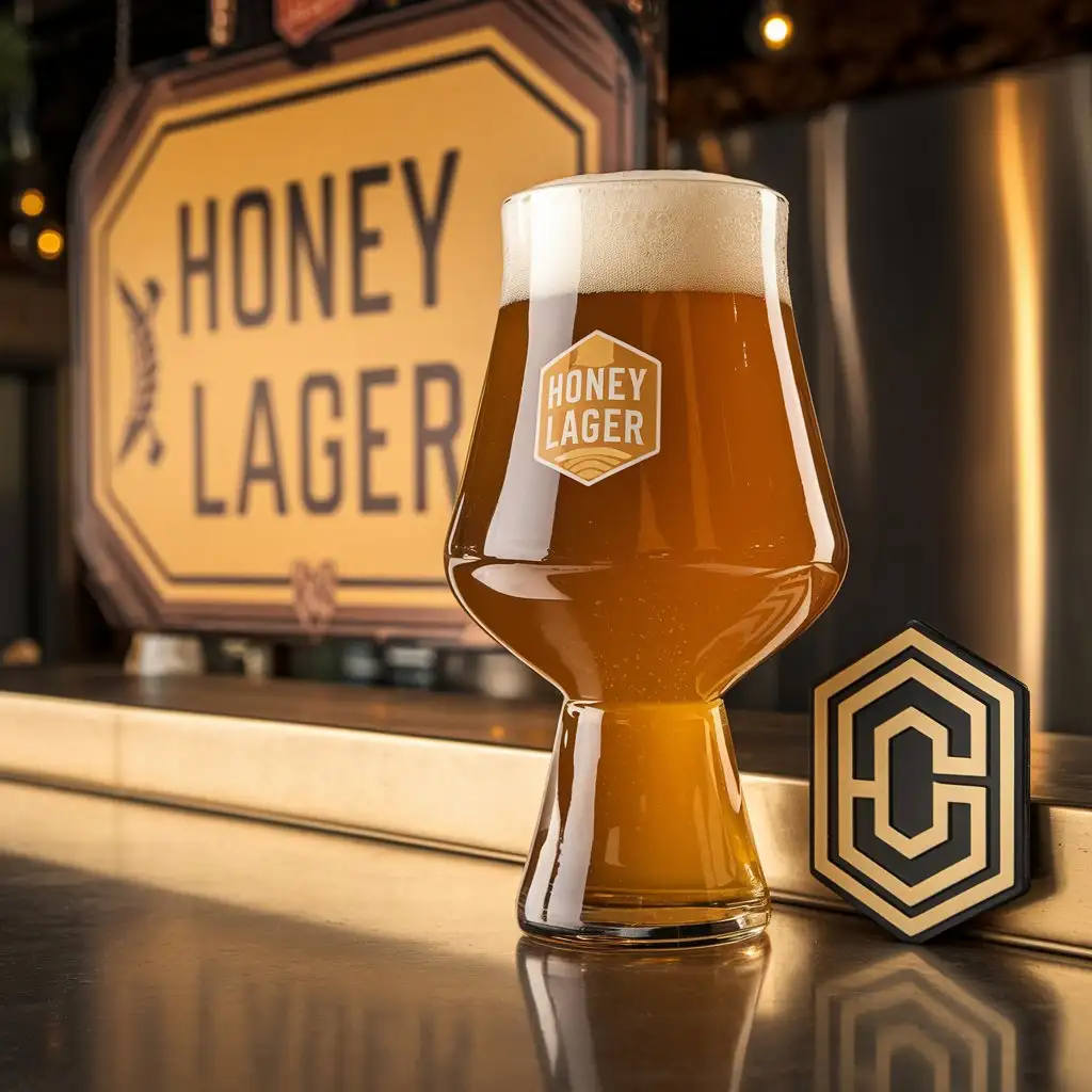 Honey lager, craft beer. A close-up of an elongated beer glass with a wide bowl and slightly flared rim, filled to the brim with a perfect pour of honey lager, sits on a sleek, modern counter. The hexagonal elements resemble beehives, reflecting the warm, golden hues of the beer. In the background, a low-lit, vintage-style sign illuminates, displaying the name 'Honey Lager' in elegant capital letters. The warm glow of the sign adds a cozy ambiance to the scene. A hexagonal logo reminiscent of beehives, with a stylized hop element at its center, sits proudly next to the glass, with the words 'Pimpa Beer Cerveja Artesanal' surrounding it, creating a distinctive and inviting atmosphere. The contrast of the honey beer against the dark background and subtle lighting creates an appealing and sophisticated visual experience. Focus on the name HONEY LAGER