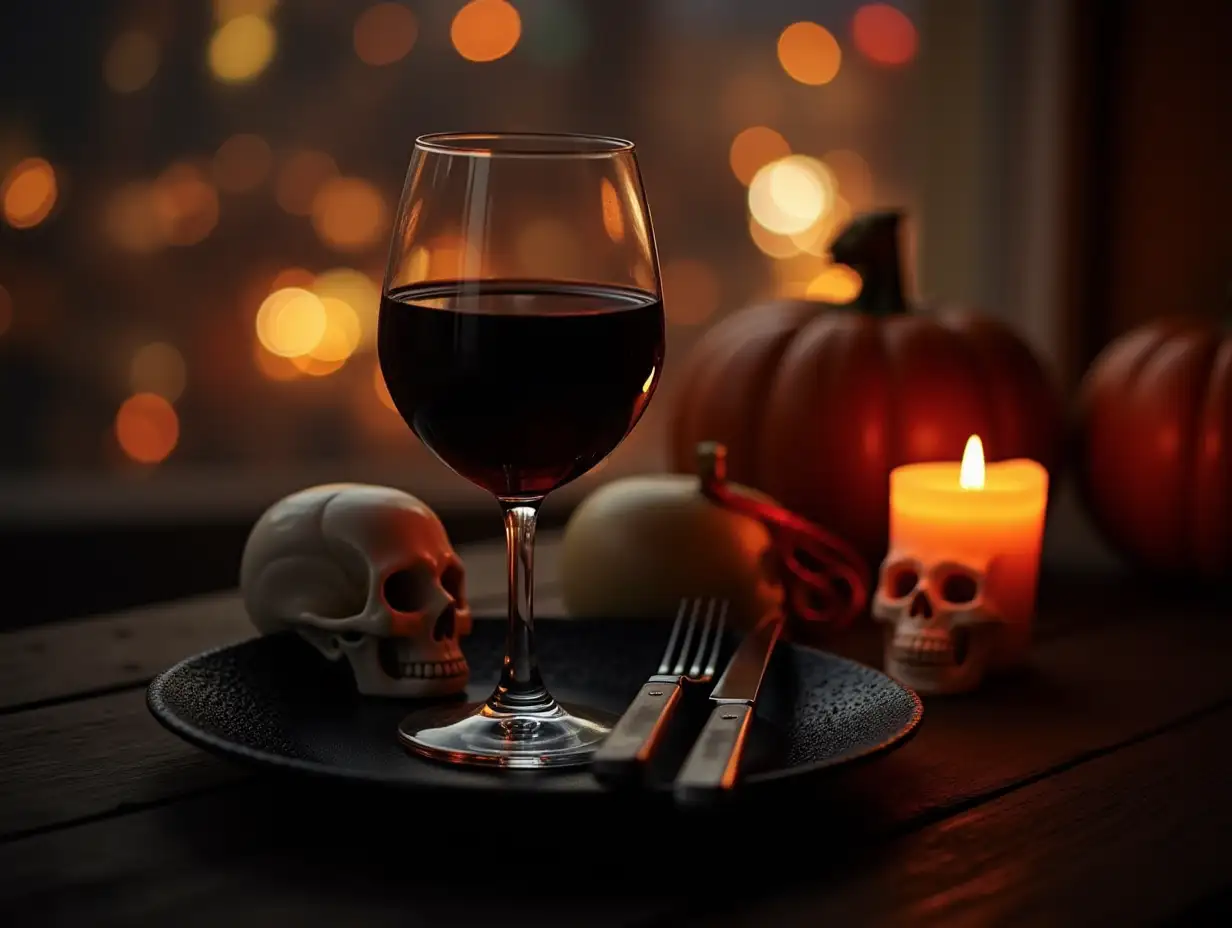 A glass of red wine with black plate, knife, fork and skull candle on city bokeh light background. Halloween dining concept.