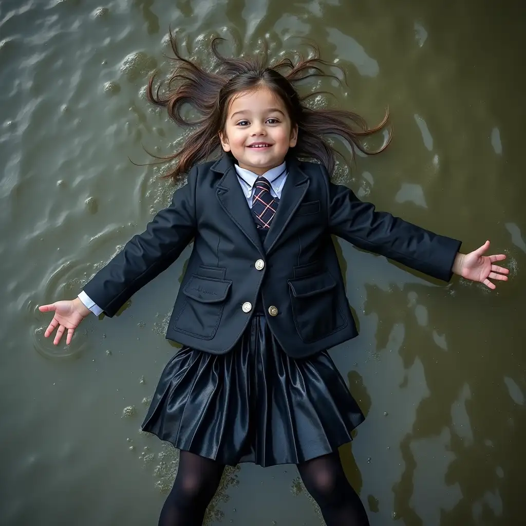 A little girl in a school uniform suit with a jacket, skirt, blouse, dark tights, and high-heeled shoes. Swimming in a dirty pond. Lying in the water. Underwater. Wet clothes. Wet and messy.