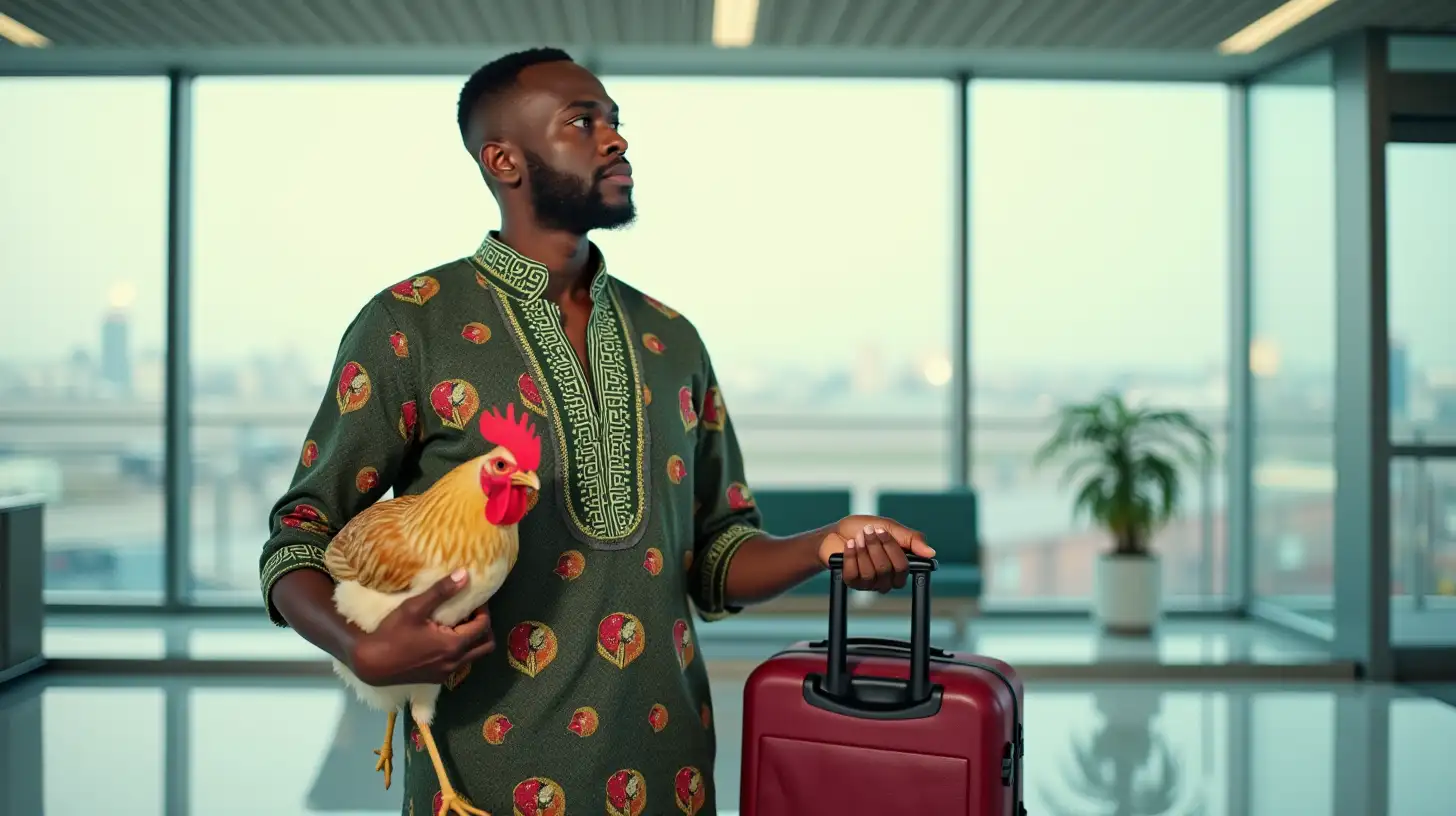 Thoughtful African Man at Airport with Chicken and Luggage