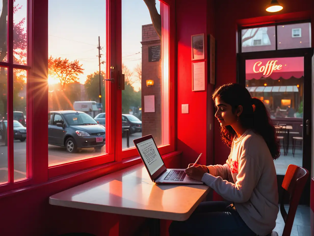 Evening-Coffee-Shop-Meeting-with-Laptop-and-Soft-Sunset-Light