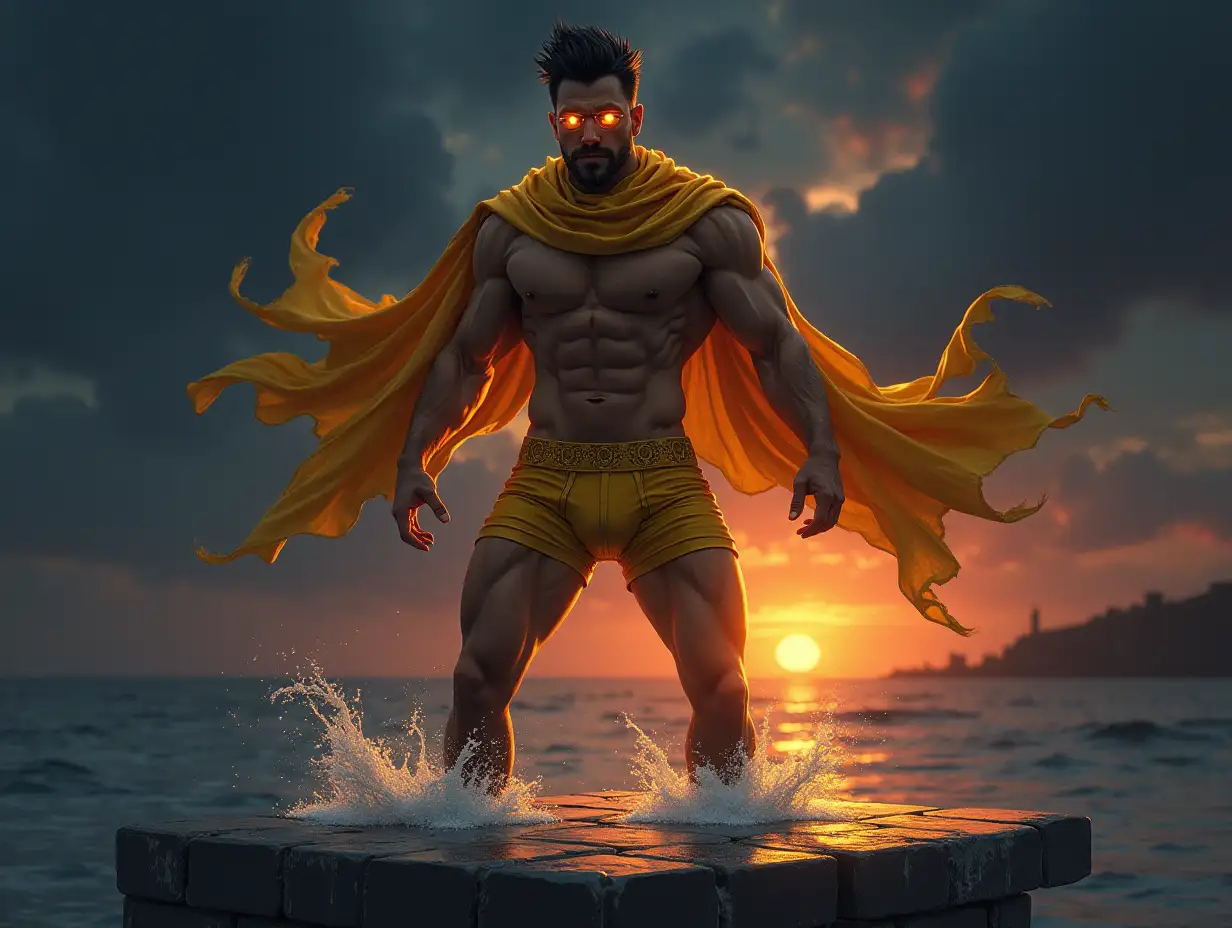 Dark twilight night with sunrise just appearing, Digital painted artwork image style of Nier automata of a handsome tanned man with stubble and spiked hair,blazing yellow leather boxer trunks and a flowing yellow brocade scarf and fire glows in his eyes, twilight cosmic background with key motif , levitating above floating onyx brick platform overflowing with white waters