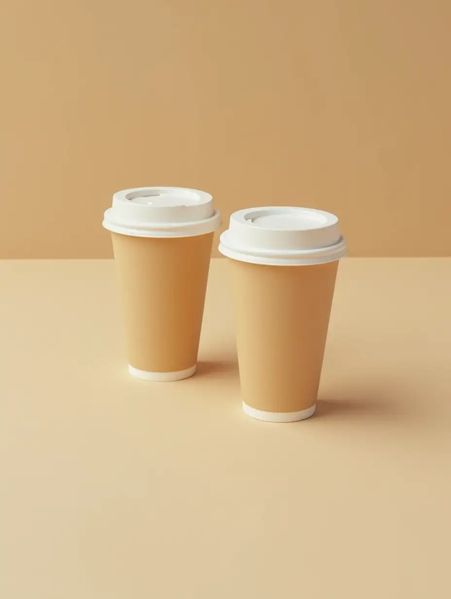 A two near by front an back plastic coffee cup  puted in paper with solid background no any object surrounding from diagonal angle a light on it