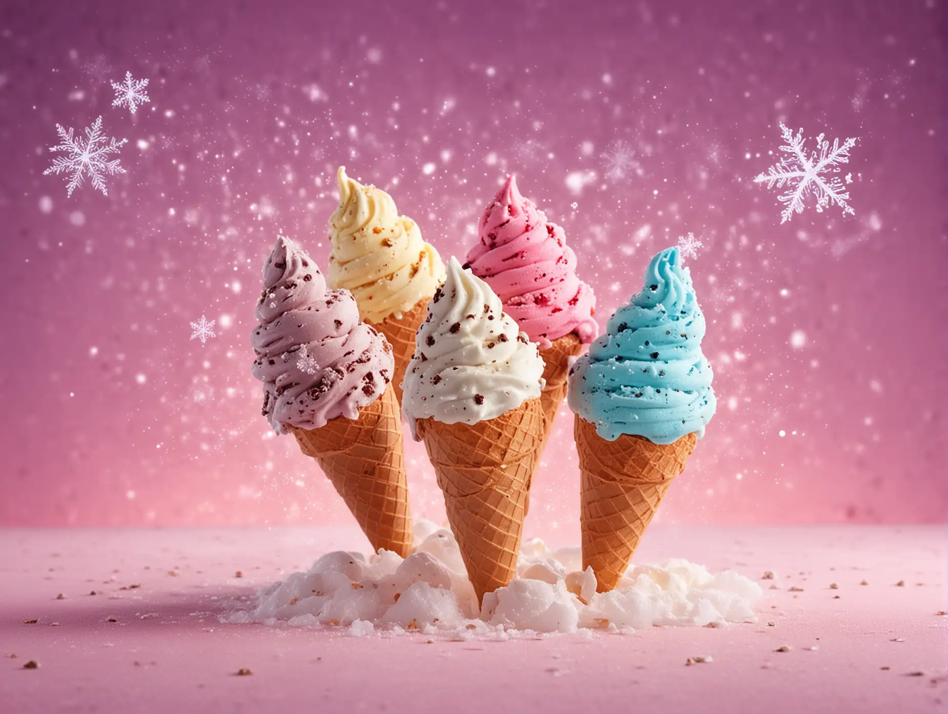 bright background of ice cream and snowflakes