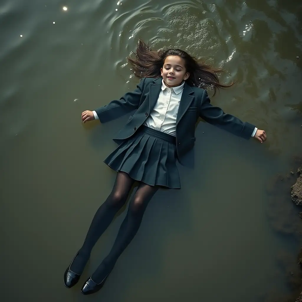 A young schoolgirl in a school uniform, in a skirt, jacket, blouse, dark tights, high-heeled shoes. She is swimming in a dirty pond, lying underwater, all her clothes are completely wet, wet clothes stick to her body, the whole body is underwater, submerged in water, under the surface of the water, below the water's edge.