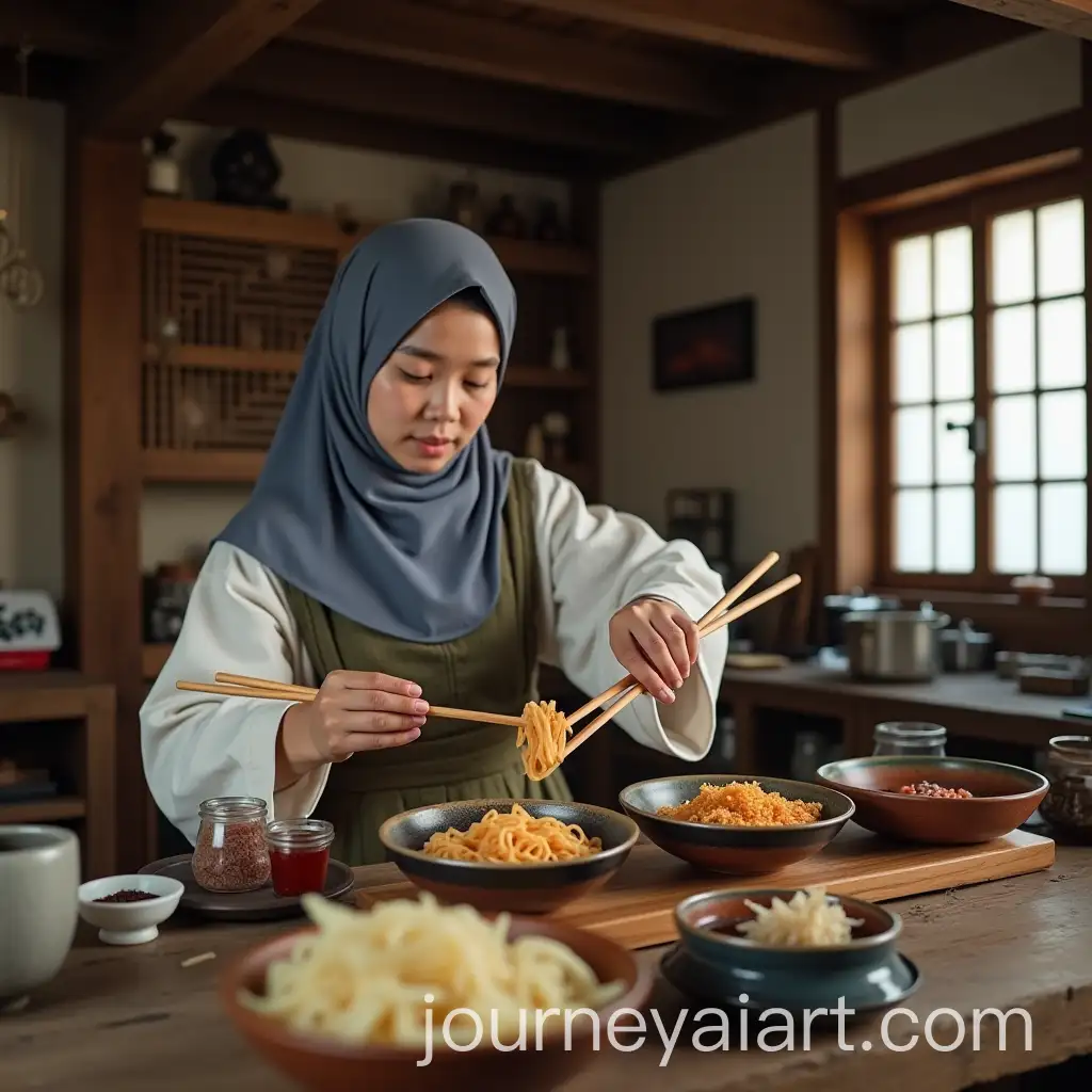 Korean-Girl-in-Hijab-Cooking-Traditional-Meals-in-Wooden-House
