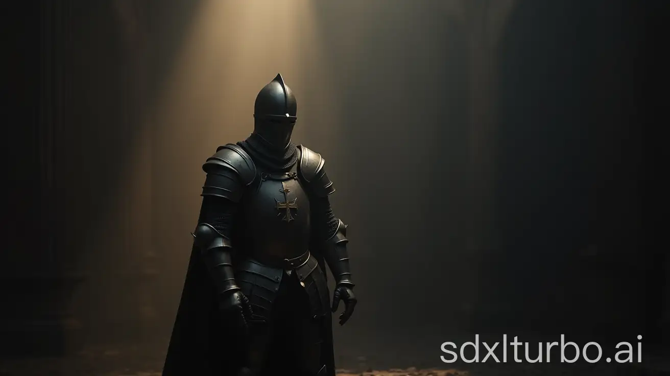 young knight wearing medieval armor entirely in the shadow