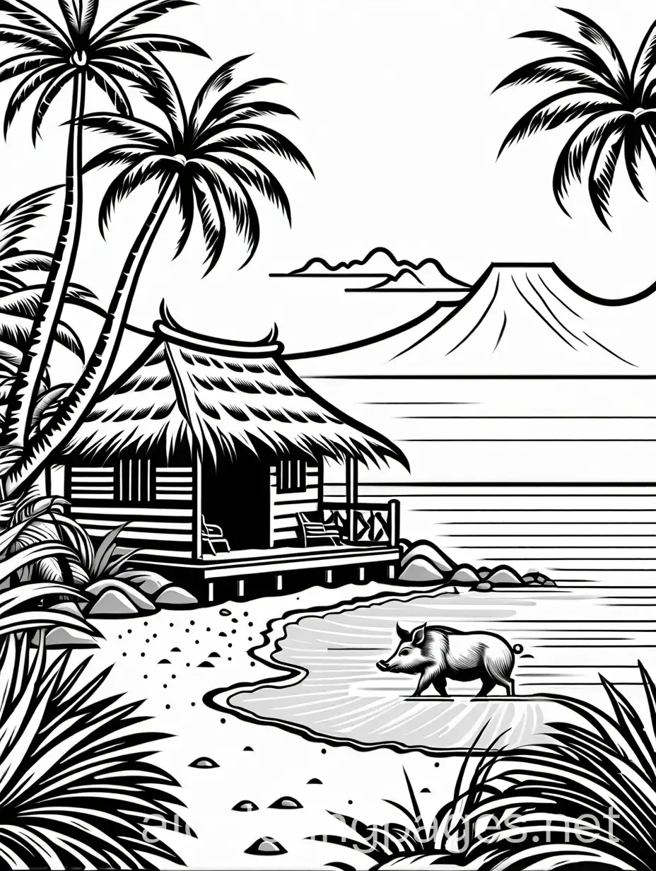 The a beautiful acnient Hawaiian scene, with palm trees, tiki hut, and a wild boar , Coloring Page, black and white, line art, white background, Simplicity, Ample White Space. The background of the coloring page is plain white to make it easy for young children to color within the lines. The outlines of all the subjects are easy to distinguish, making it simple for kids to color without too much difficulty