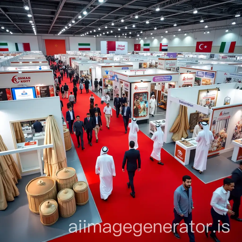 This high-angle close-up shot shows a bustling trade show hall, packed with booths and attendees. Above, flags of Oman, Kuwait, Qatar, the UAE, and Saudi Arabia hang from the ceiling, signifying international participation. The stalls are carefully arranged, each displaying musical instruments, and there are people playing traditional folk music and dancers, such as the mizmar. A few people, dressed in Qatari and Omani dress, and formal suits, wander around, chatting, and examining the exhibits. The color scheme is vibrant, with red carpets dominating the hall and contrasting with the white booth structures. Brand signs such as 'Turkey,' 'EM Food,' and 'Bakers Mart' are prominently displayed. The lighting is bright and even, illuminating the entire scene. This design highlights the scale and activity of the trade show, embodying the energy and interaction of the participants.
