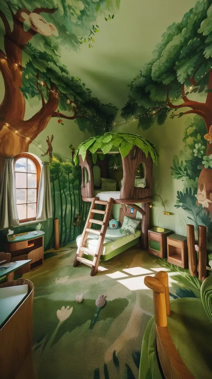 Wide shot, realistic interior of a kids' bedroom, enchanted forest theme. Walls painted with a mural of a lush forest scene, trees with playful animal faces peeking out.  A treehouse-style bed with wooden ladder and leafy canopy. Soft green and brown tones.  Fairy lights woven through branches.  Wooden furniture. Natural light streaming through a window. Joyful, whimsical atmosphere