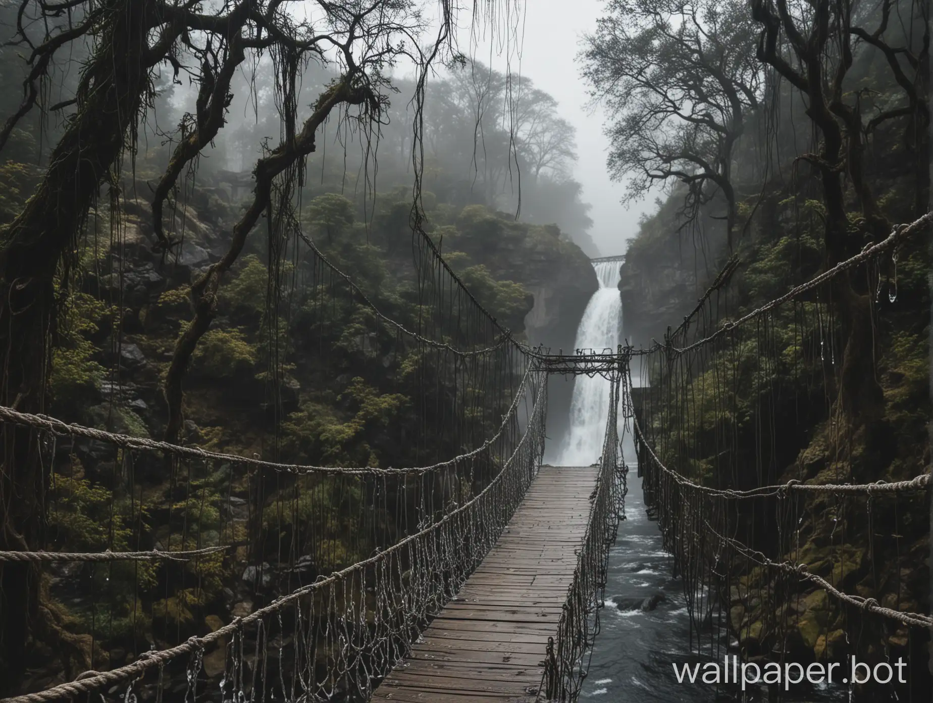 dark gloomy weather , water fall, trees, rope bridge