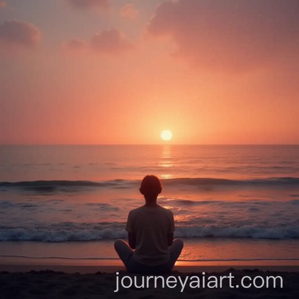 Serene-Sunset-Over-Calm-Ocean-with-Person-Sitting-on-the-Shore