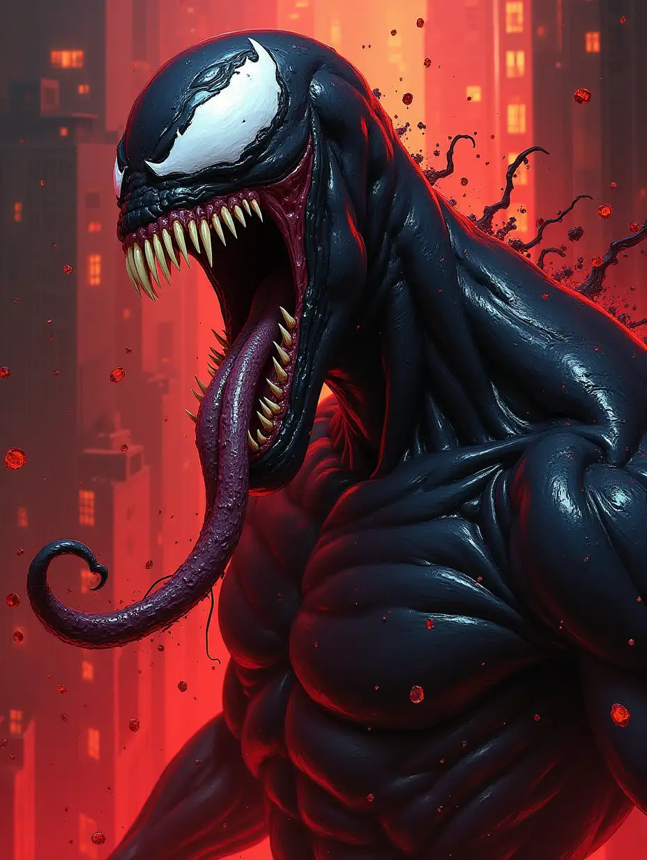 Crude Venom from marvel comics, sharp teeth, long tongue, darkwave, comics painting, artist vision, infernal city background,