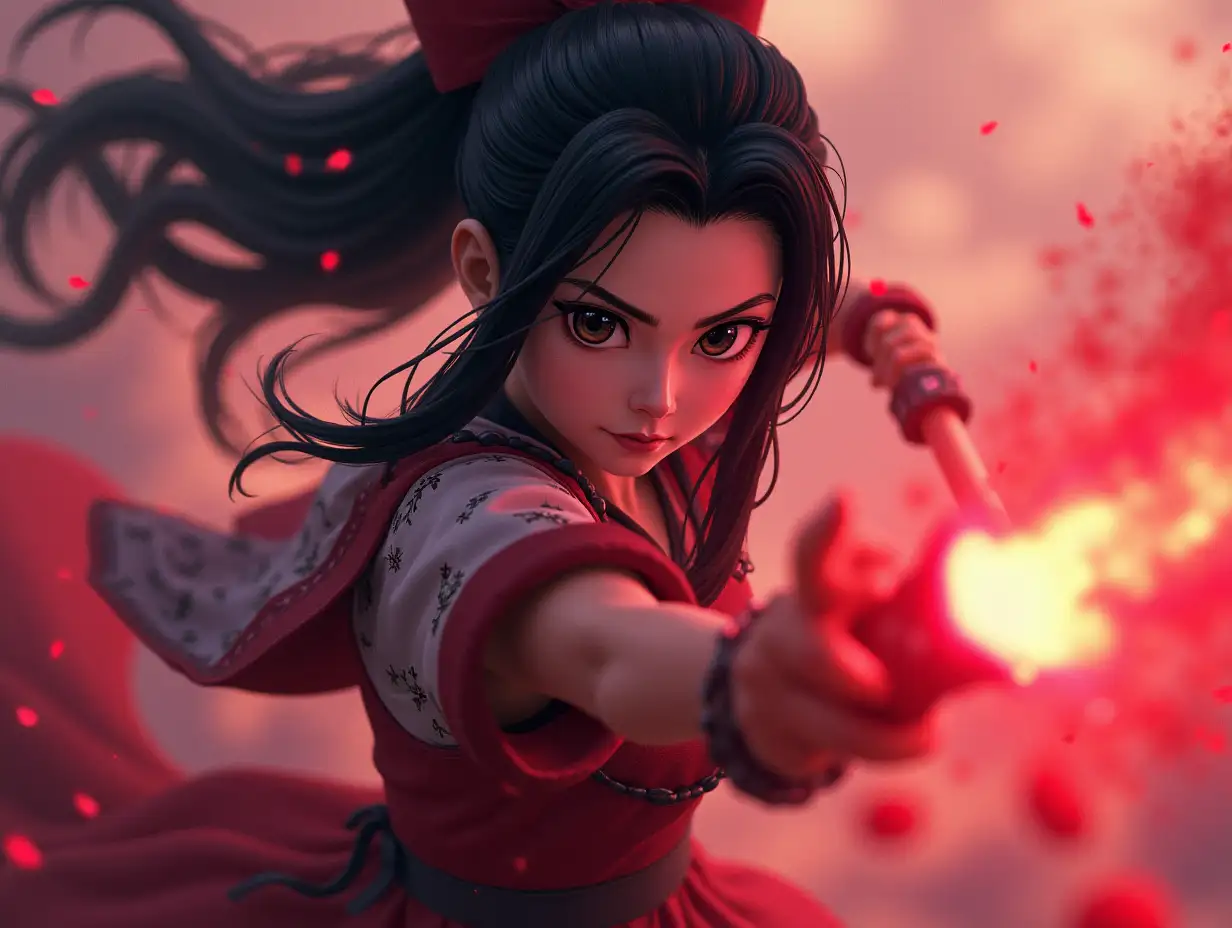 Create ki fantasy with a high-resolution, realistic image  Demon Slayer Nezuko Kamado fighting against evil