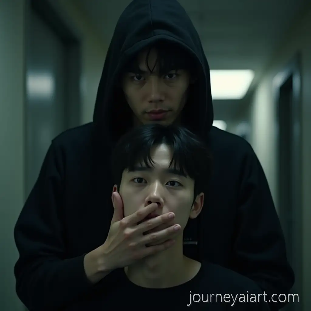 Cinematic-Hyperrealistic-Scene-of-a-Scared-Young-Korean-Man-Silenced-by-a-Dominant-Hooded-Figure