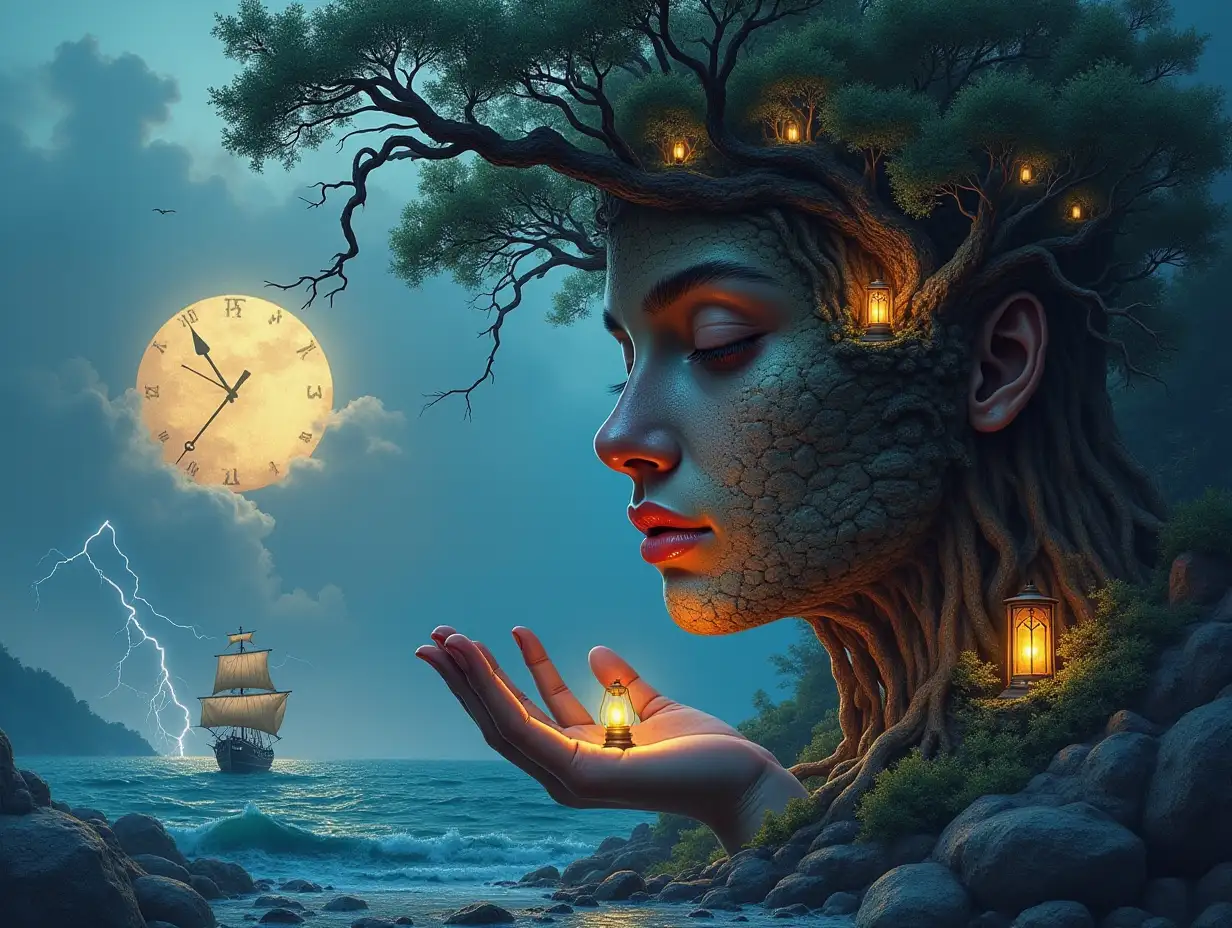 Creating a Digital painting face with rope hair transforms into building with stones and lighting trees with roots and rocks and lantern at the sea,with big clock sailboats with lanterns and a very large very large waves and lightning on an open hand 