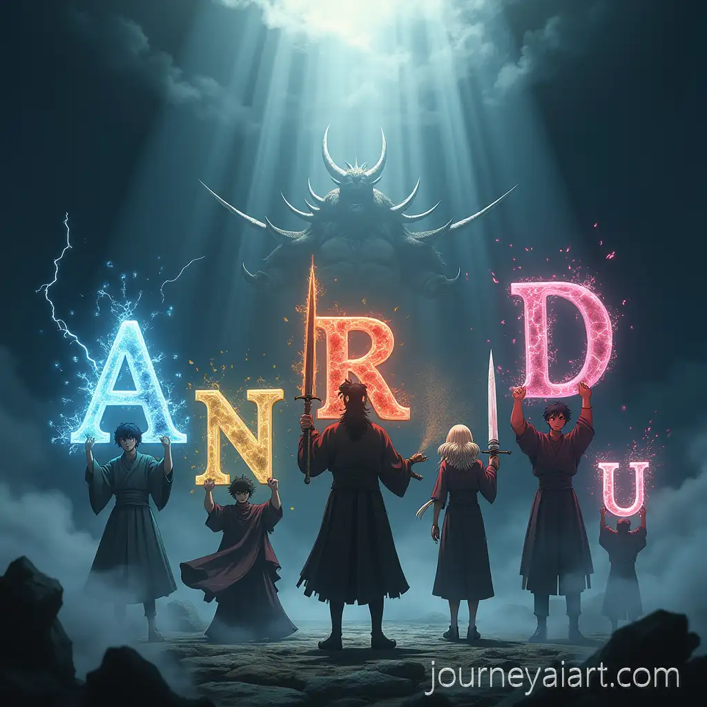 Demon-Slayer-Heroes-Holding-Glowing-Elemental-Letters-in-Cinematic-Battle-Scene