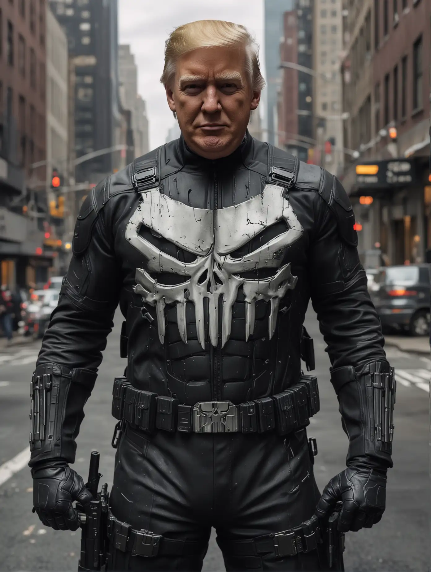 Donald Trump, the Punisher suit, no mask, smiling, semi-full body, photorealistic, 18K, hyper-detailed, blurry New York street background