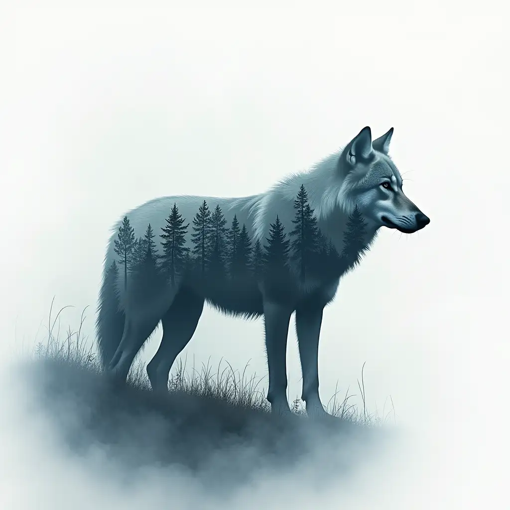 blend a full-size silhouette of a wolf and a misty forest, aerography, double exposure