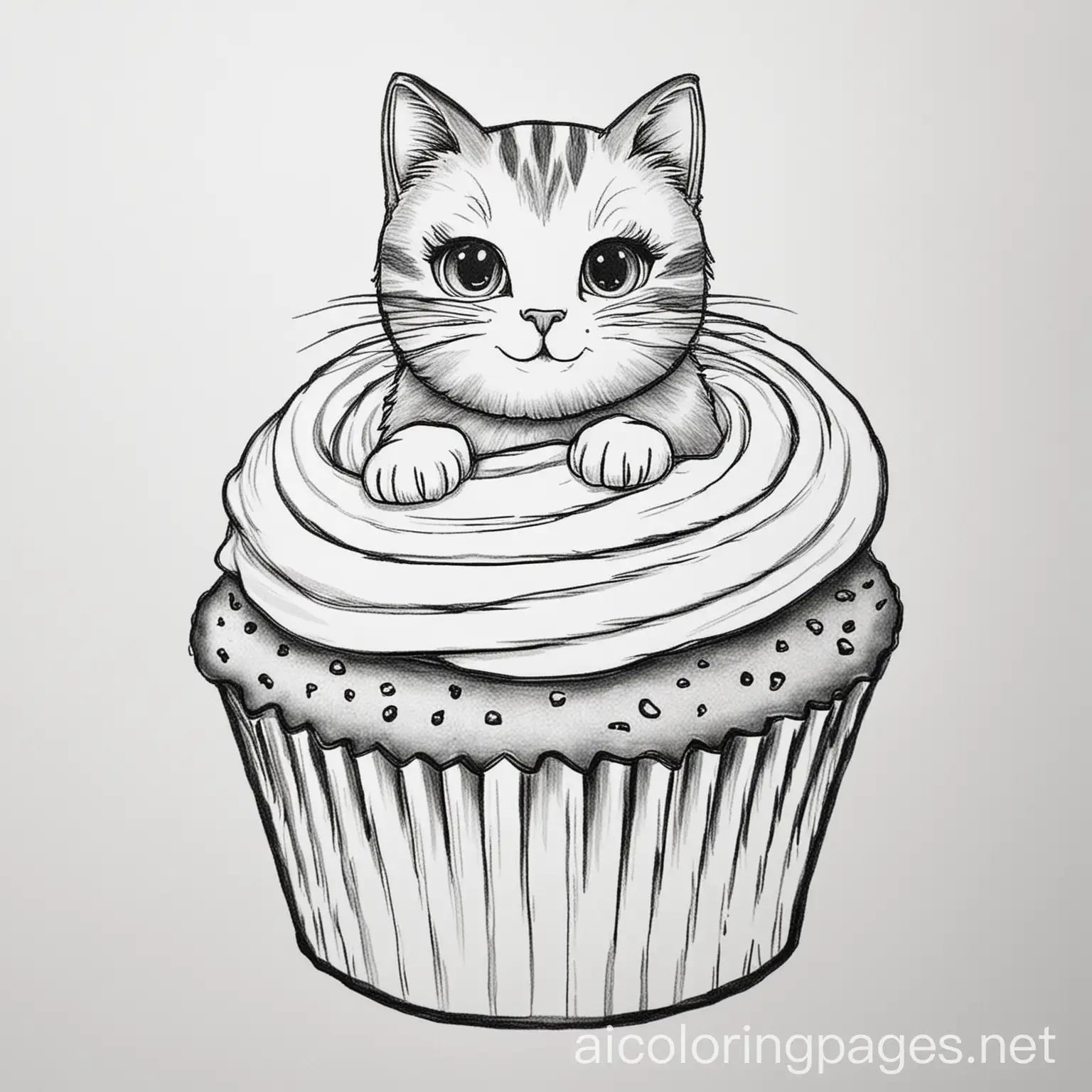 Cat on a cupcake, Coloring Page, black and white, line art, white background, Simplicity, Ample White Space. The background of the coloring page is plain white to make it easy for young children to color within the lines. The outlines of all the subjects are easy to distinguish, making it simple for kids to color without too much difficulty