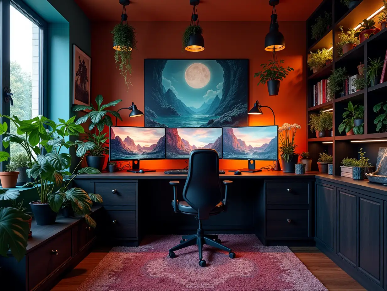 Gaming-Zimmer mit drei Monitoren hinten Regalen mit Teppich ,Beleuchtung with furniture very many hanging plants Pflanzen with Attack on Titan image on the wall Zen-Garden with carefully tended rocks, a meditative 180 Grad Aufnahmen 8K-Auflösung Colorful